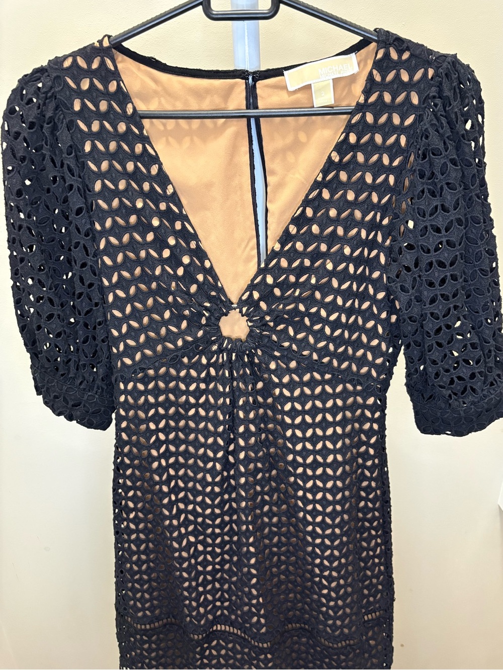 MICHAEL Michael Kors Black Eyelet Midi Dress with Nude Lining
